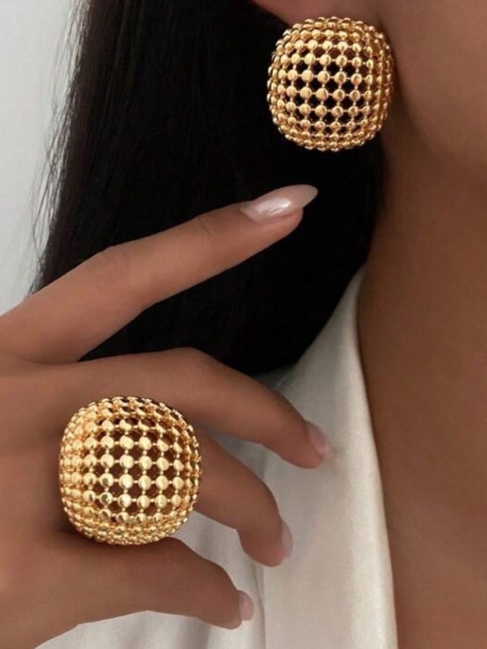 Gold Textured Dome Ring & Earrings Set